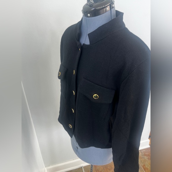 Vintage Sz L CW Clifford & Willis Black Wool Knit Mandarin Jacket Blazer Classic - Picture 12 of 16